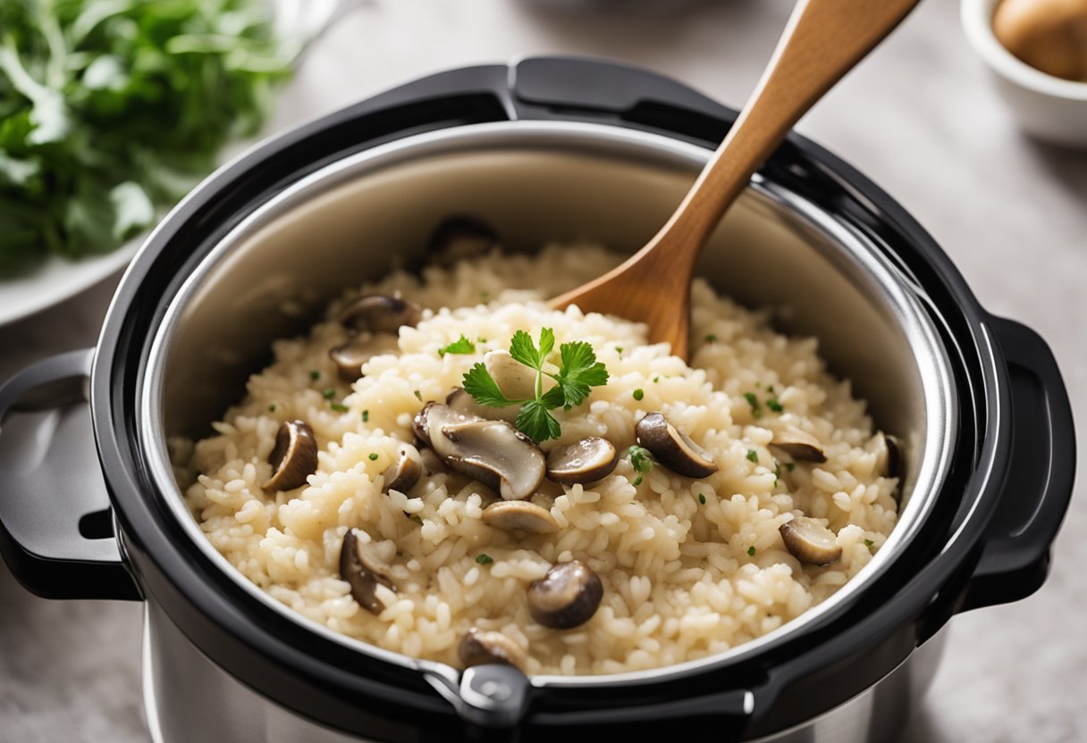 A slow cooker sits on a kitchen counter, filled with creamy mushroom risotto. Steam rises from the pot, and a wooden spoon rests on the side
