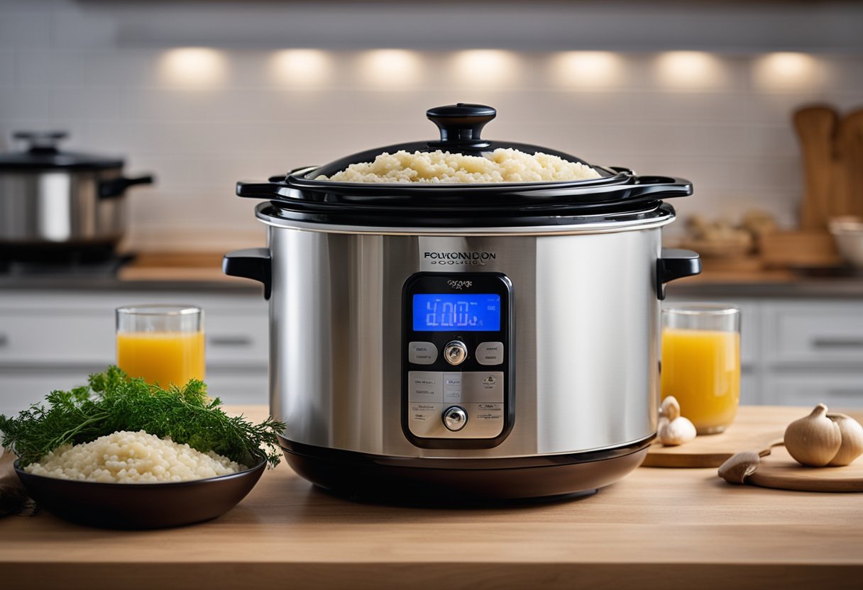 A slow cooker sits on a kitchen counter, filled with creamy mushroom risotto. Steam rises from the pot, and the aroma of savory herbs fills the air