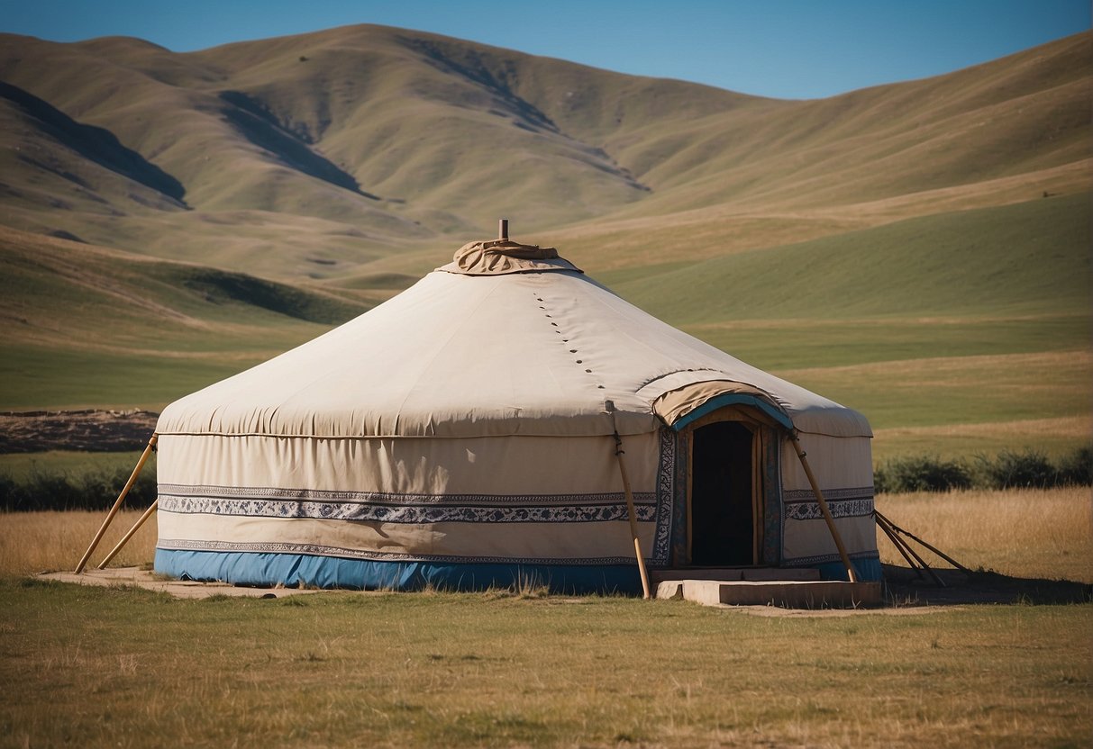 A yurt stands sturdy in a vast open landscape, surrounded by rolling hills and under a clear blue sky, with no signs of wear or decay