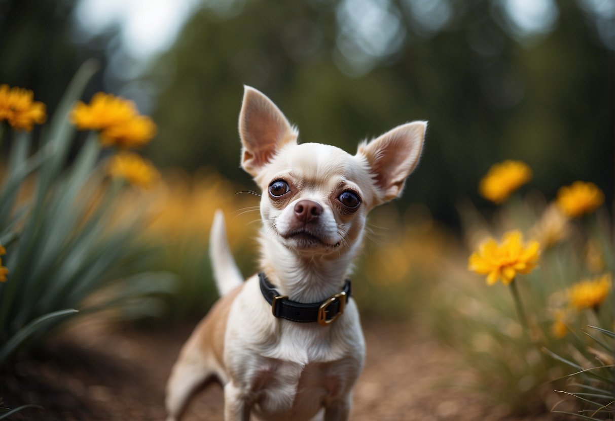 A chihuahua dog reaches adulthood at around 1 year old. Show a small chihuahua standing proudly, with alert ears and bright eyes