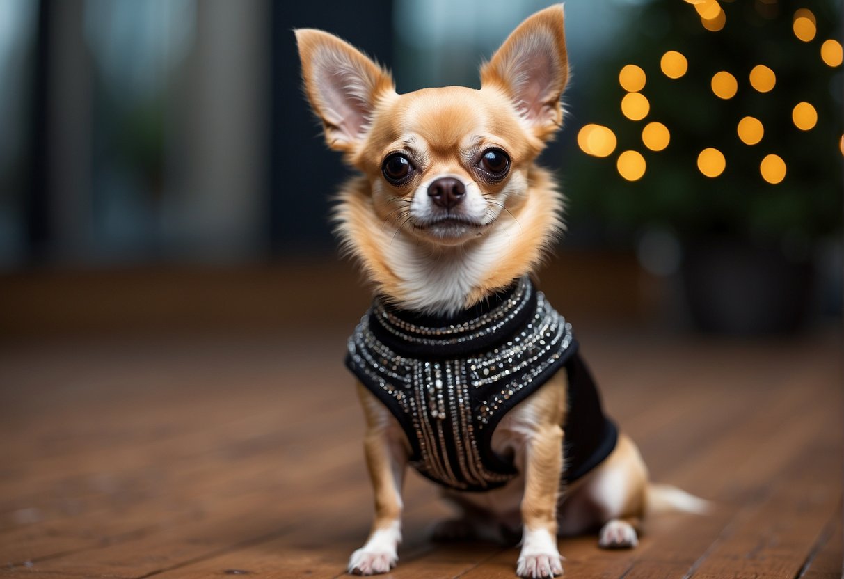 A mature Chihuahua, around 2 years old, stands confidently with a sleek coat and bright, alert eyes. Its small stature exudes a sense of grace and charm