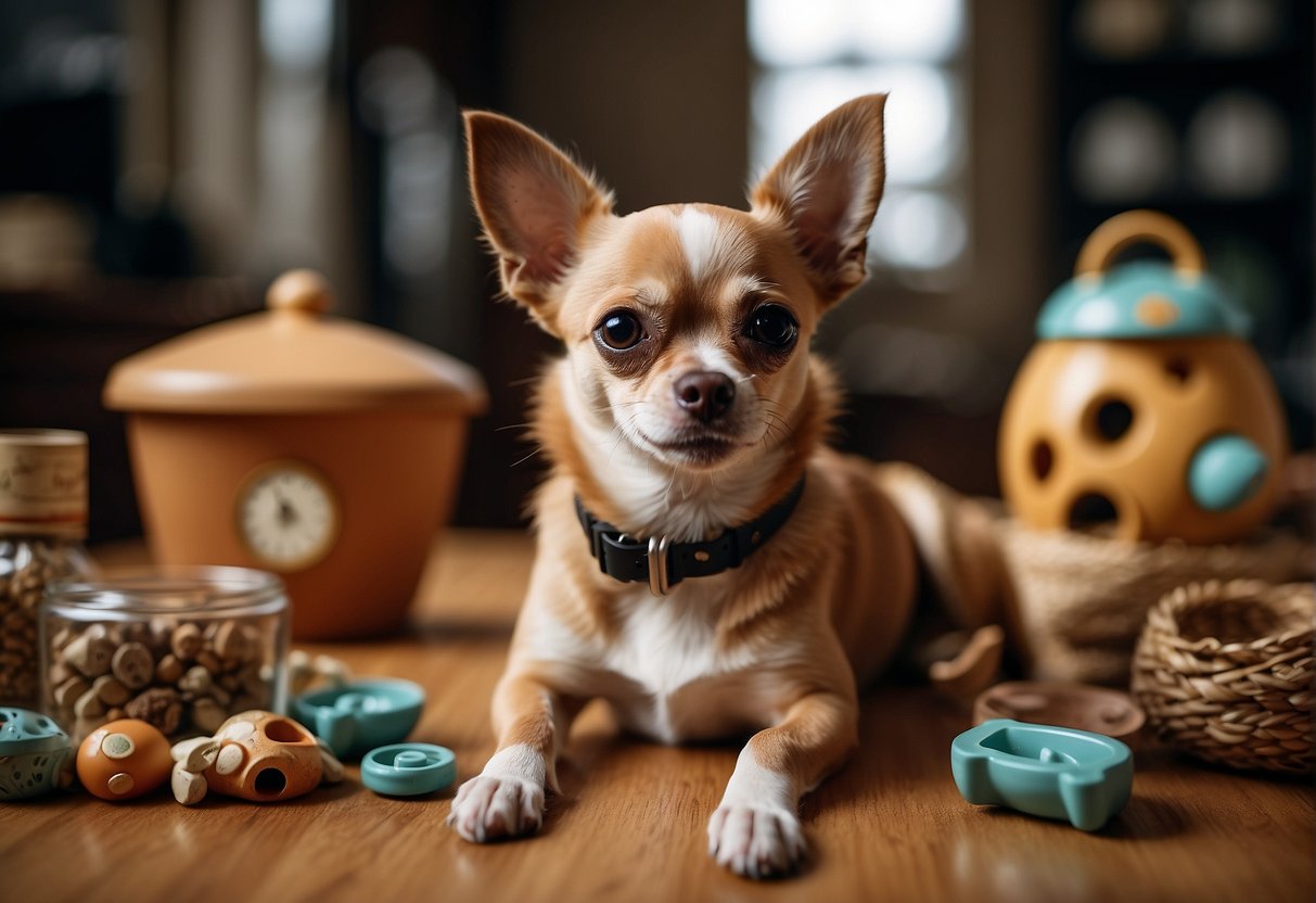A Chihuahua dog reaching adulthood, with a confident stance and alert expression, surrounded by dog care items like a leash, food bowl, and toys