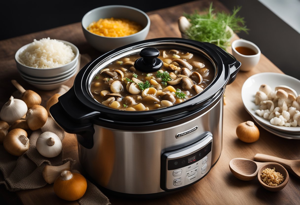 A slow cooker sits on a kitchen counter, filled with mushrooms, rice, and broth. Ingredients are neatly arranged nearby