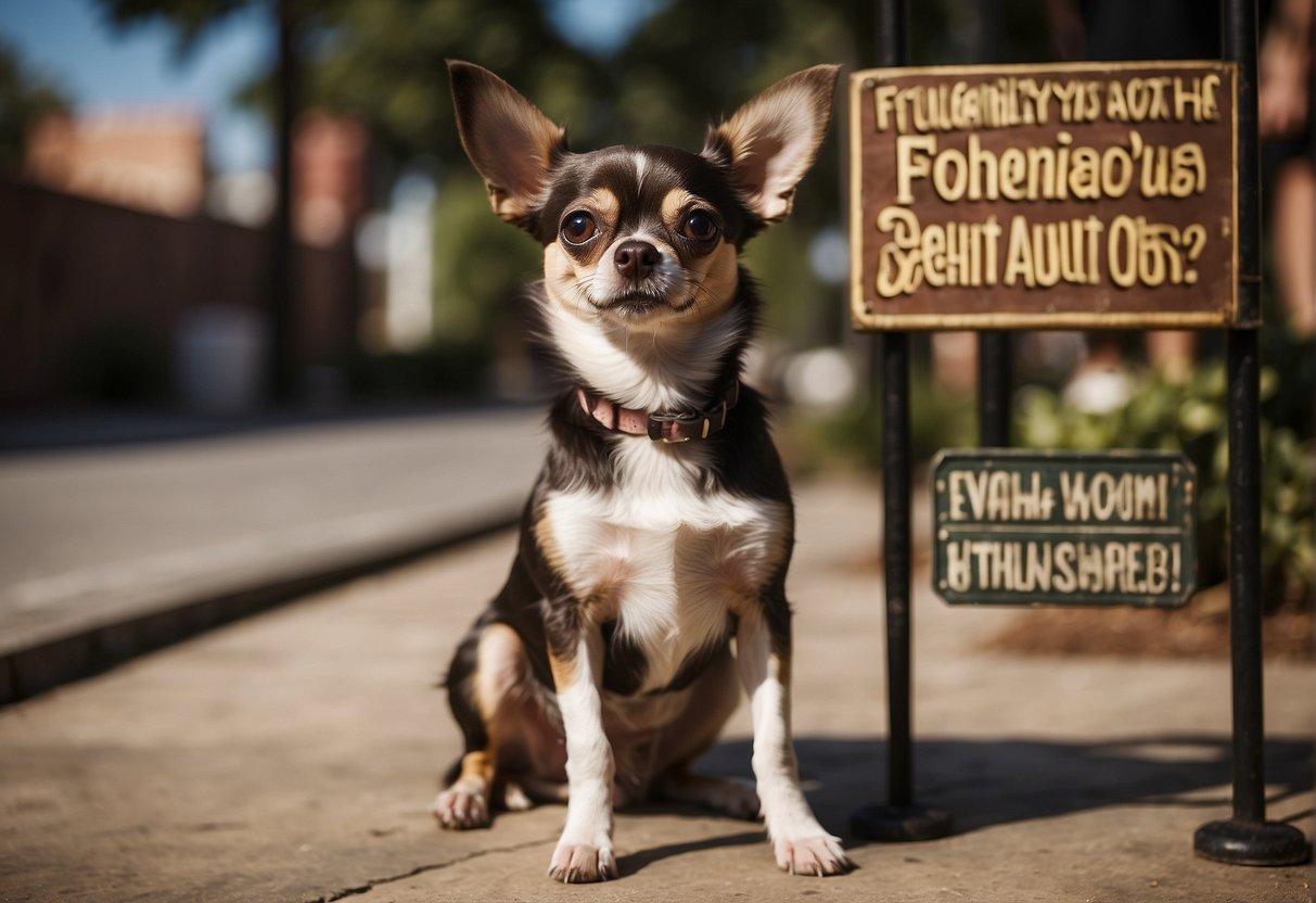 A chihuahua dog stands next to a sign that reads "Frequently Asked Questions: At what age is a chihuahua dog considered an adult?" The dog looks alert and curious