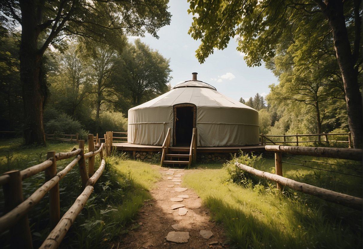 A yurt sits nestled in a serene landscape, surrounded by lush greenery and protected by a sturdy fence. The structure appears well-maintained, with no signs of wear and tear