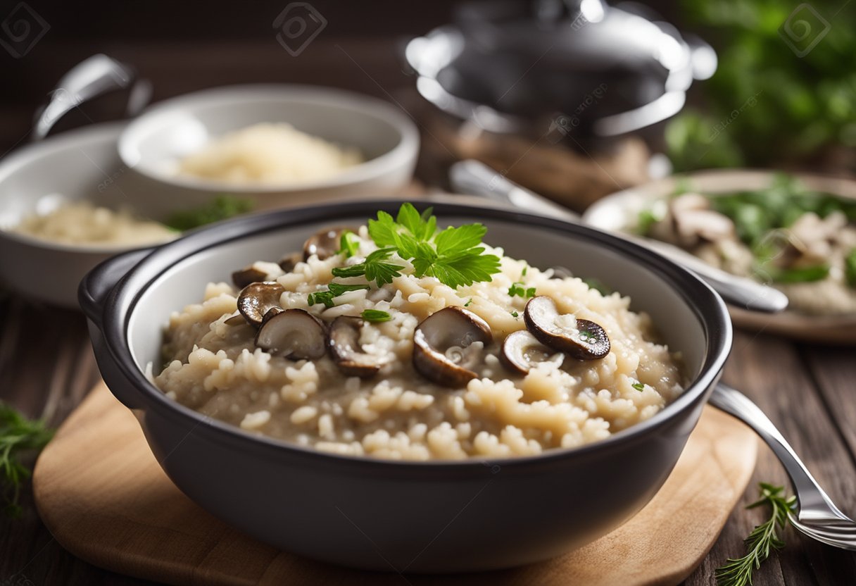 A steaming slow cooker filled with creamy mushroom risotto, garnished with fresh herbs and grated parmesan cheese