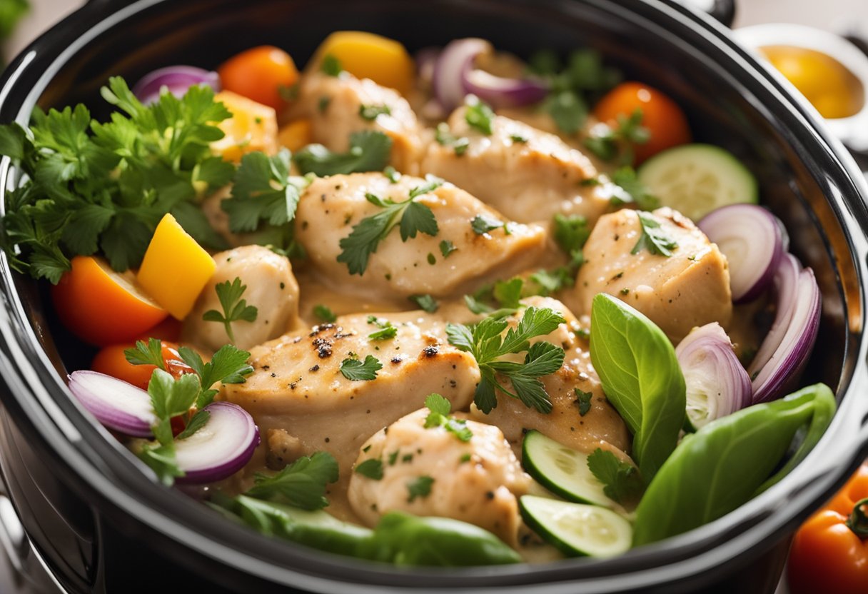 A bubbling slow cooker filled with creamy Tuscan chicken, surrounded by fresh herbs and colorful vegetables