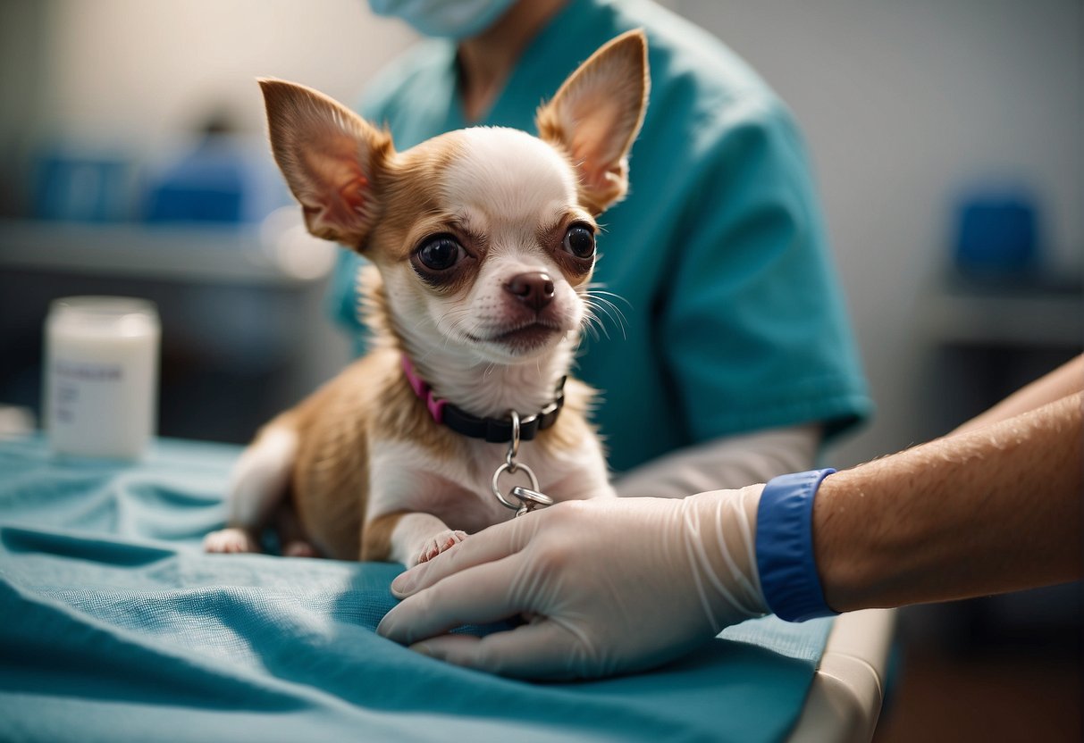 A Chihuahua puppy receiving its vaccination at the veterinarian's office