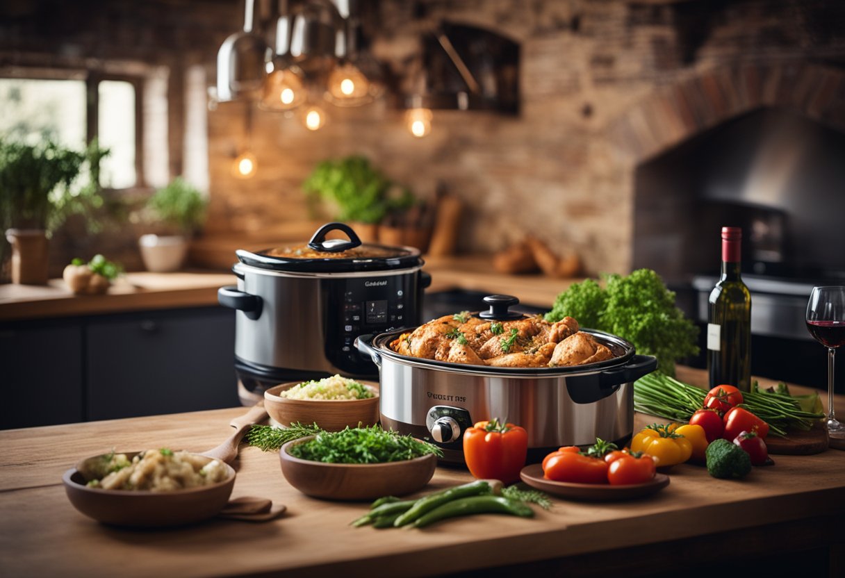 A rustic kitchen with a bubbling slow cooker filled with Tuscan chicken and aromatic herbs, surrounded by fresh vegetables and a bottle of red wine