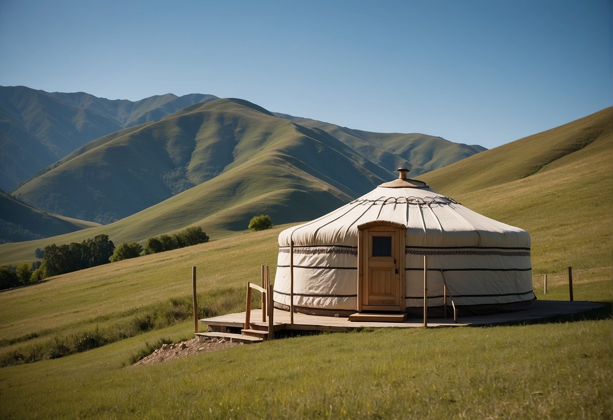 A sturdy yurt stands against a backdrop of rolling hills, under a clear blue sky. The yurt's fabric walls and wooden frame show signs of weathering, indicating its endurance over time