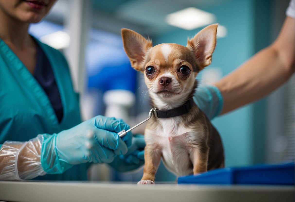 A Chihuahua puppy receiving vaccinations at 2, 3, and 4 months old. The vet administers the shots in a bright, clean clinic with colorful posters about puppy health