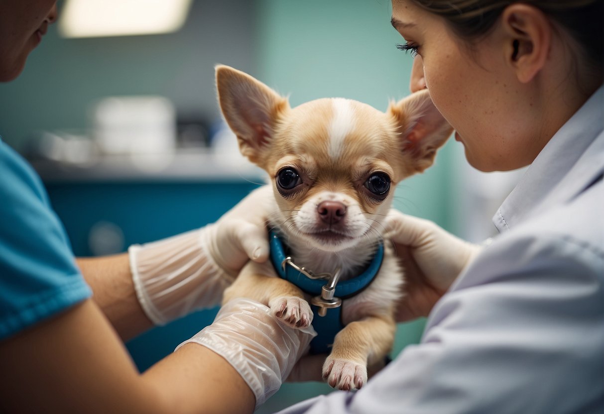 A chihuahua puppy receiving its vaccinations at a veterinary clinic