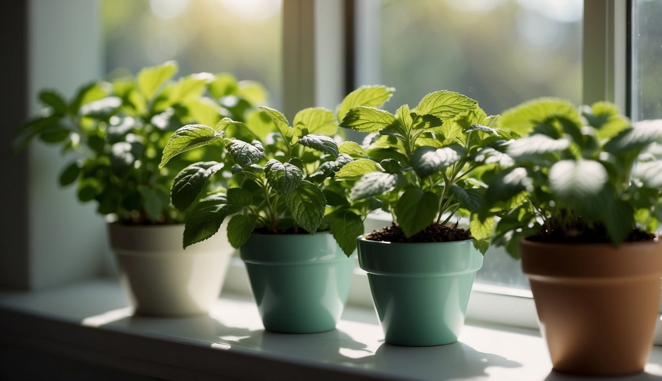 Lush green mint plants thrive in small pots on a sunny windowsill, surrounded by natural light and fresh air. The vibrant leaves are ready to be picked and used for cooking or making refreshing mint tea