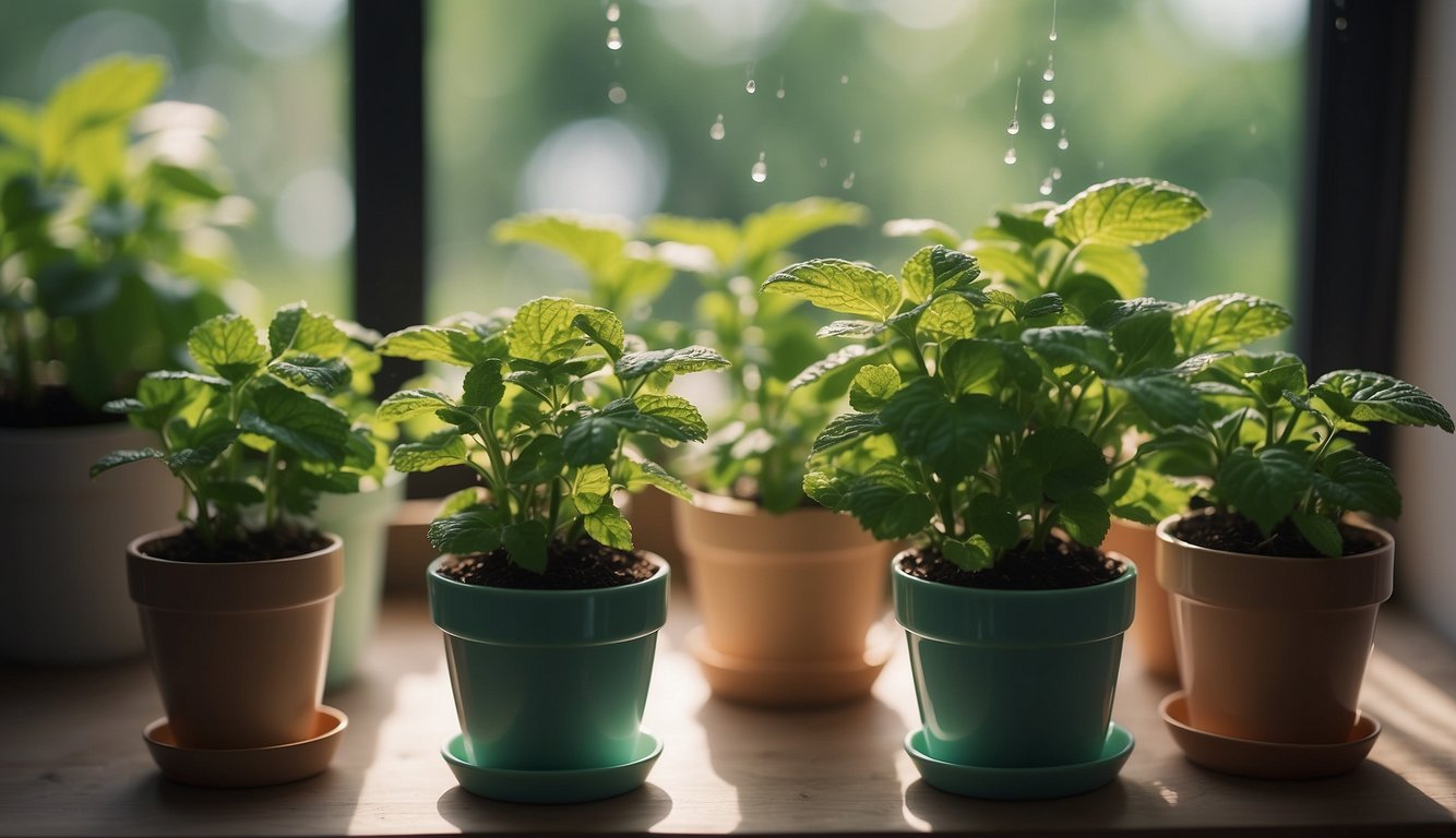Lush green mint plants thriving in small indoor pots, placed near a sunny window. Water droplets glisten on the vibrant leaves, surrounded by small gardening tools