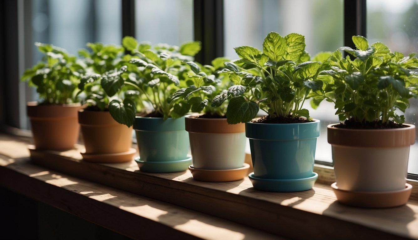 A sunny windowsill with three pots of mint plants, each with different growing methods: soil, water, and hydroponics