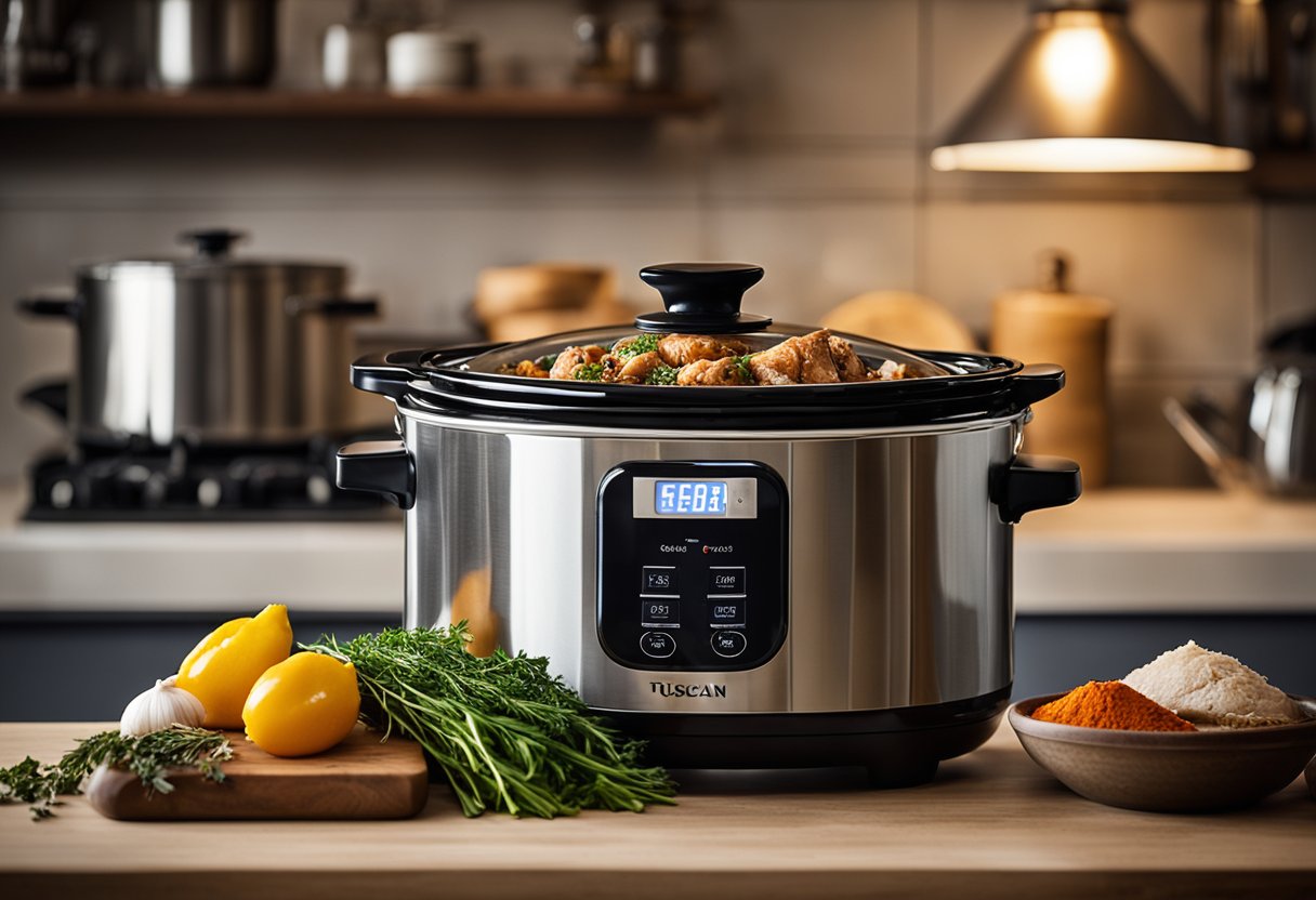A slow cooker sits on a kitchen counter, filled with Tuscan chicken and surrounded by various spices and herbs. The steam rises from the pot, indicating that the dish is being reheated