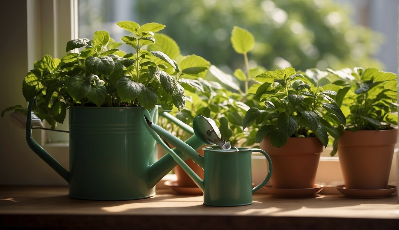 A sunny windowsill with a variety of small pots containing lush, green mint plants. A watering can and a pair of pruning shears sit nearby