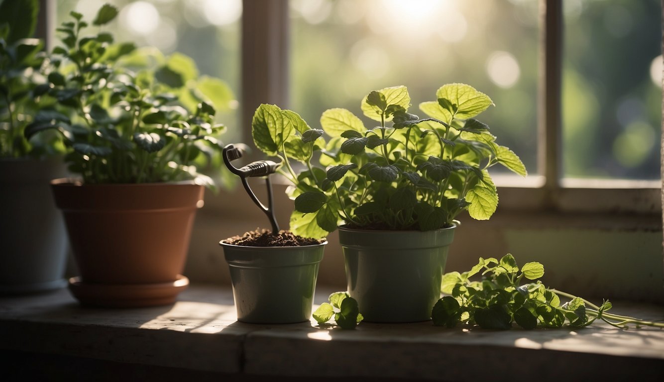 Bright sunlight streams through a window onto a small pot of flourishing mint plants. A pair of gardening shears snips off fresh leaves, ready for use