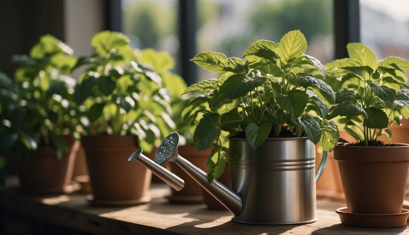 Lush green mint leaves grow in a sunlit indoor space, surrounded by pots and soil, with a watering can nearby