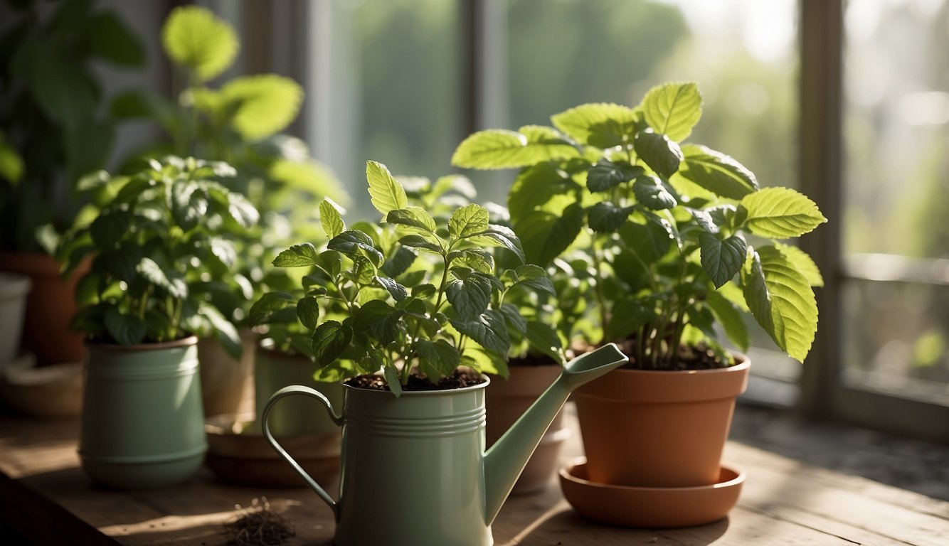Lush green mint leaves growing in a sunlit indoor space, surrounded by small pots and containers. A watering can and gardening tools are nearby