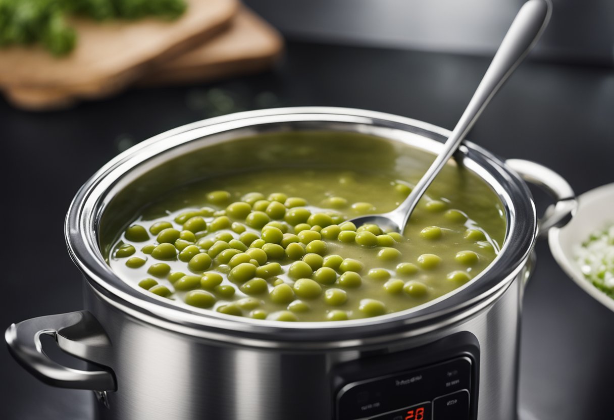A bubbling slow cooker filled with thick, green split pea soup. Steam rises from the pot, and a spoon rests on the edge