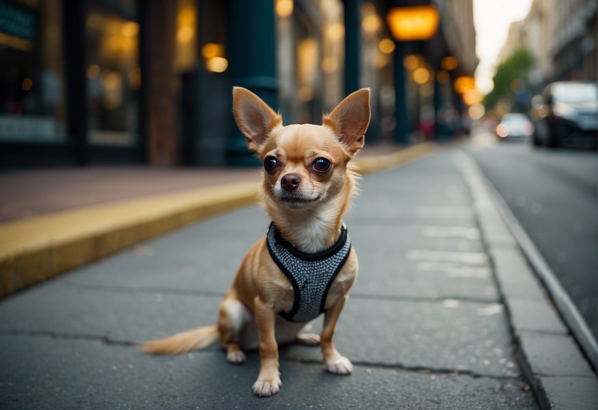 A chihuahua confidently crosses a street, its small frame and alert expression showing its readiness for the world