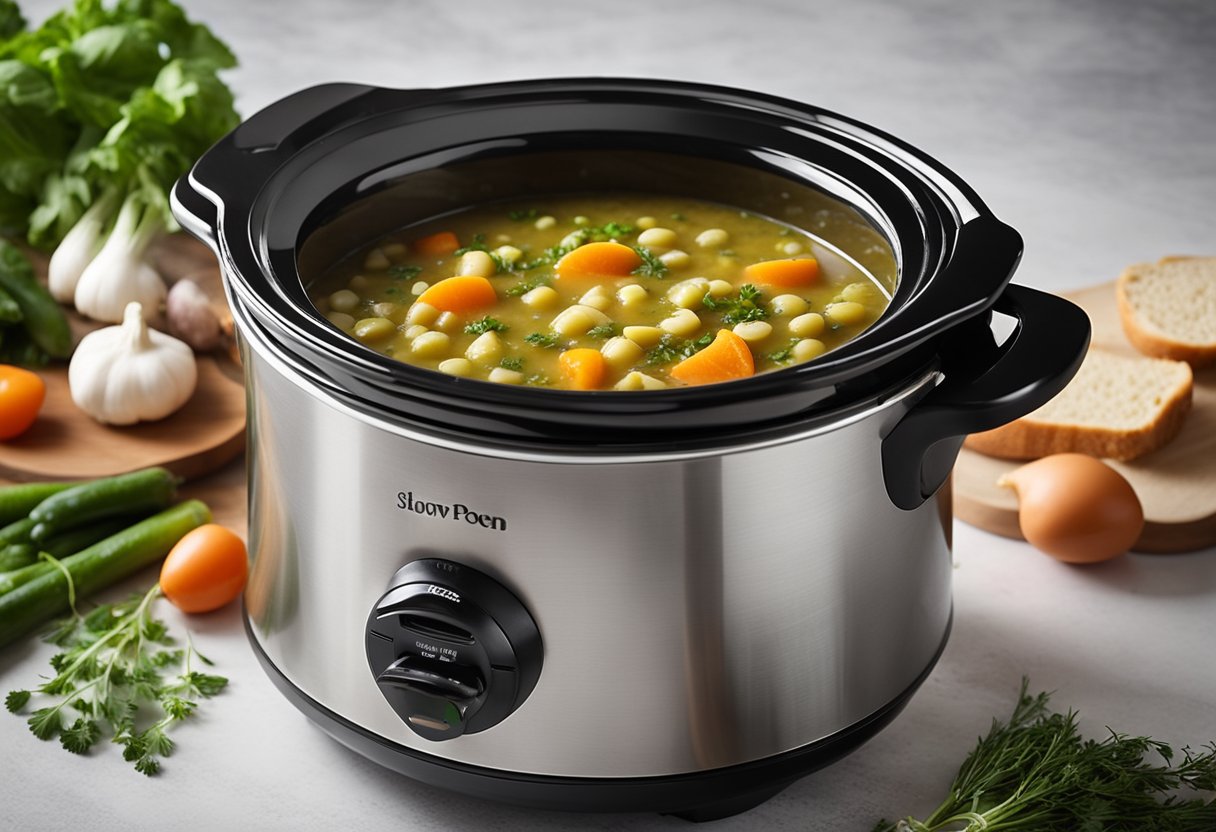 A bubbling slow cooker filled with thick, hearty split pea soup, surrounded by fresh vegetables and herbs. The aroma of the savory soup fills the cozy kitchen