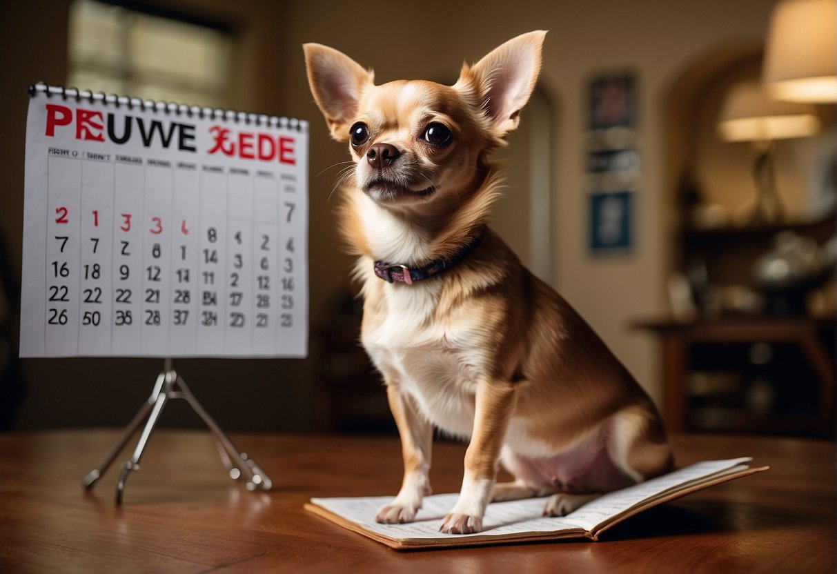 A chihuahua standing on its hind legs, looking up at a calendar with the words "Frequently Asked Questions" and "a que edad se puede cruzar" written in bold letters