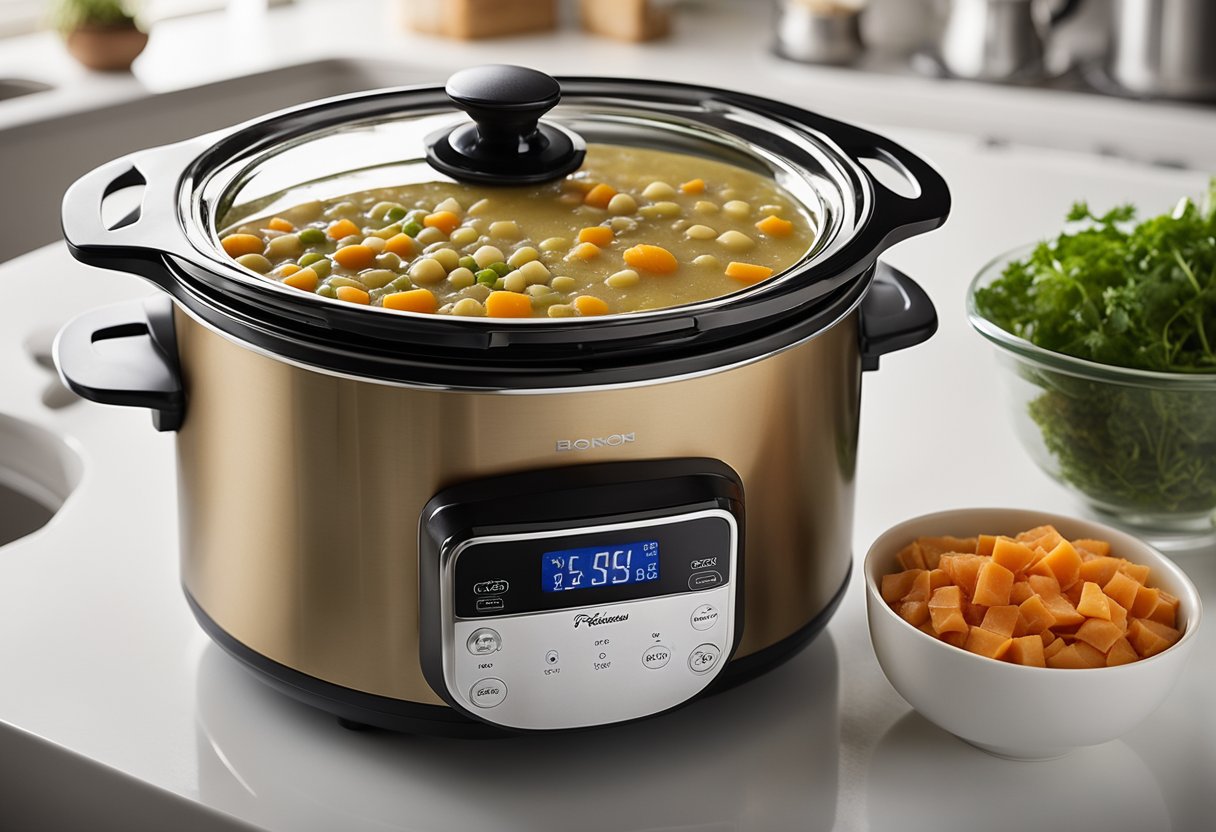 A slow cooker sits on a kitchen counter, filled with split pea soup ingredients. Chopped vegetables, ham hock, and broth surround the cooker