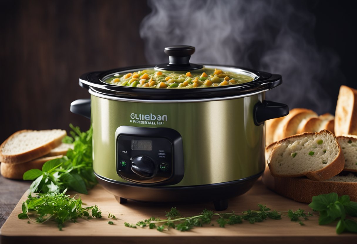 A steaming slow cooker filled with thick split pea soup, surrounded by crusty bread and a sprinkle of fresh herbs