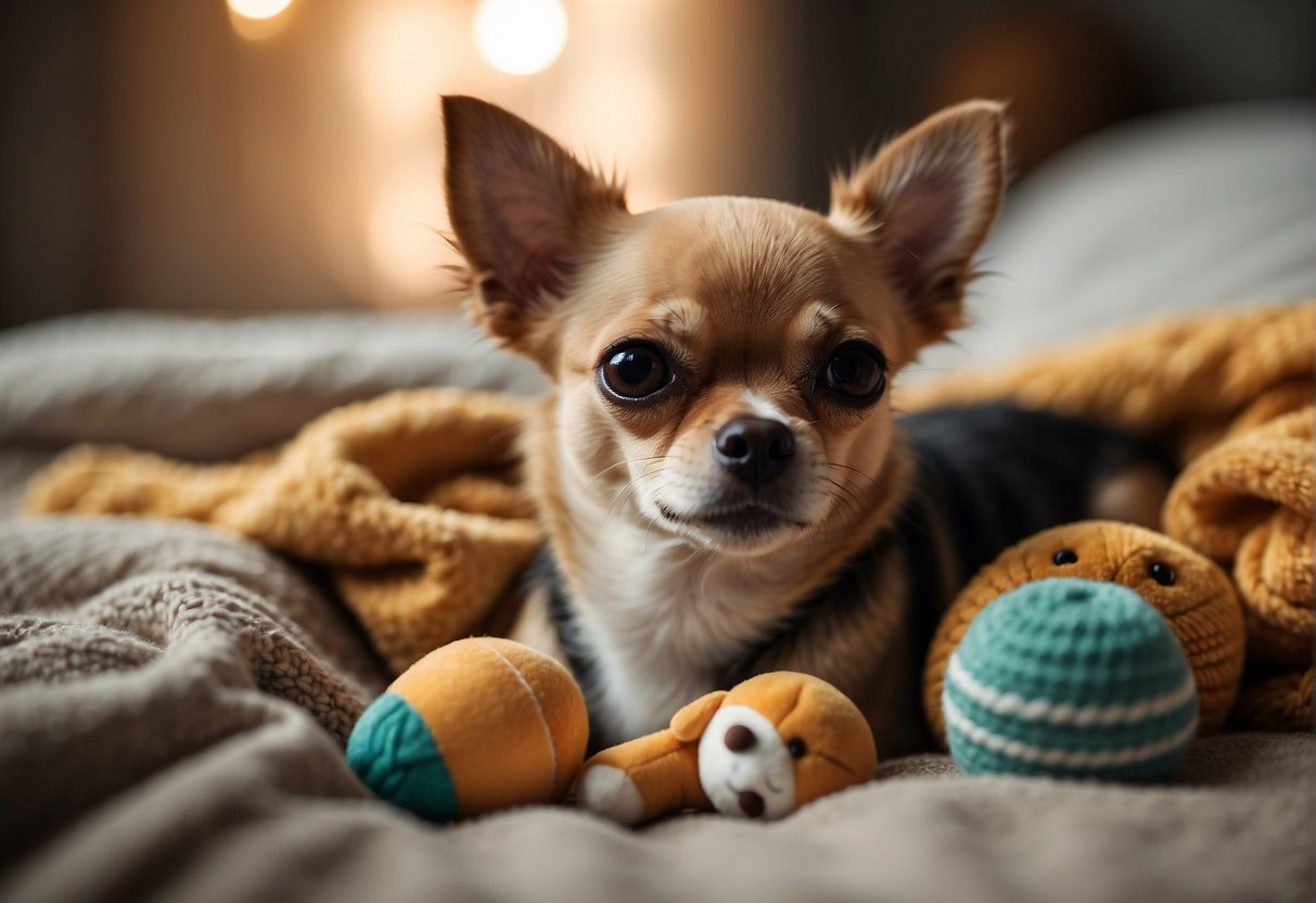 A chihuahua dog lying on a cozy bed, with a slightly swollen belly and a content expression, surrounded by puppy toys and a warm blanket