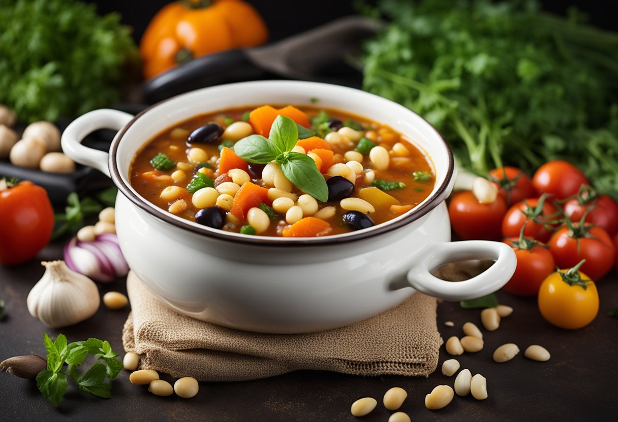 A pot of simmering minestrone soup with colorful vegetables and beans, surrounded by aromatic herbs and spices on a kitchen counter
