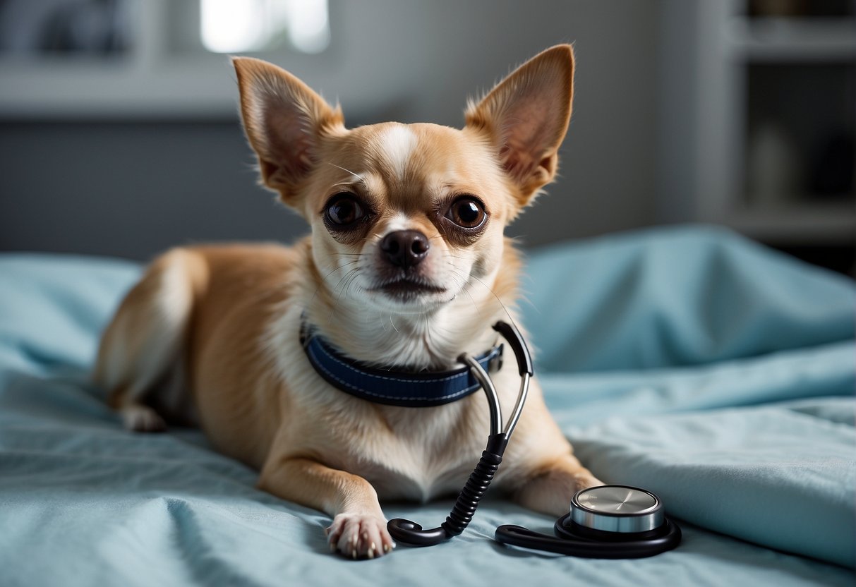 A Chihuahua dog lying down with a slightly swollen belly, looking up with a curious expression. A veterinarian holds a stethoscope to the dog's abdomen