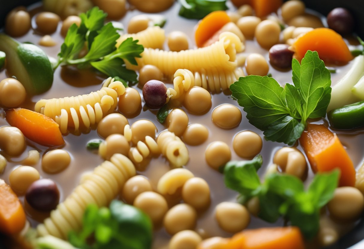 A variety of fresh vegetables, beans, and pasta simmer in a savory broth in a slow cooker