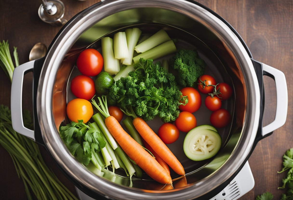 A variety of fresh vegetables, such as carrots, celery, and tomatoes, are being added to a slow cooker along with broth and herbs for making minestrone soup