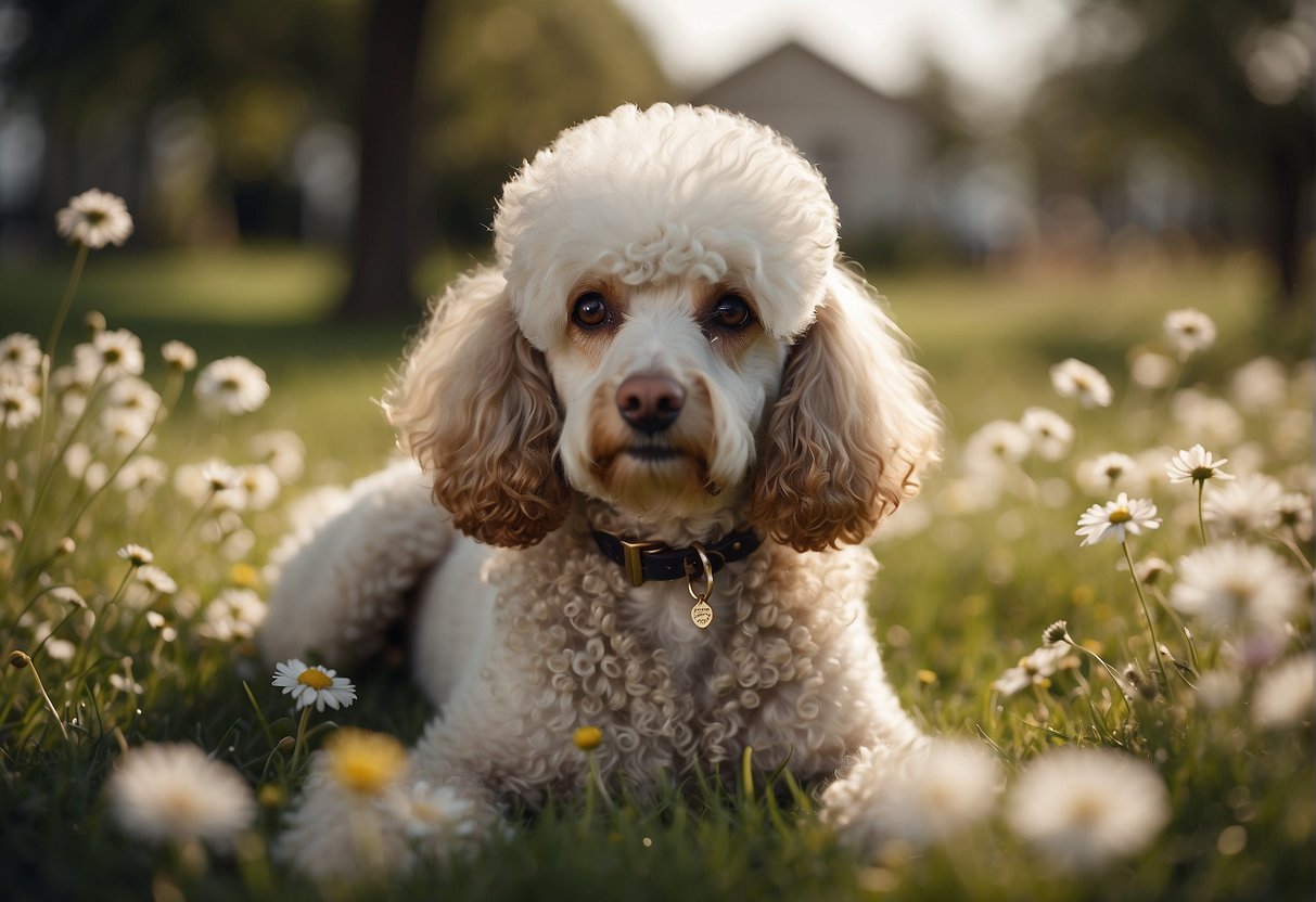 A poodle lying on the grass, surrounded by flowers and a peaceful, serene expression on its face