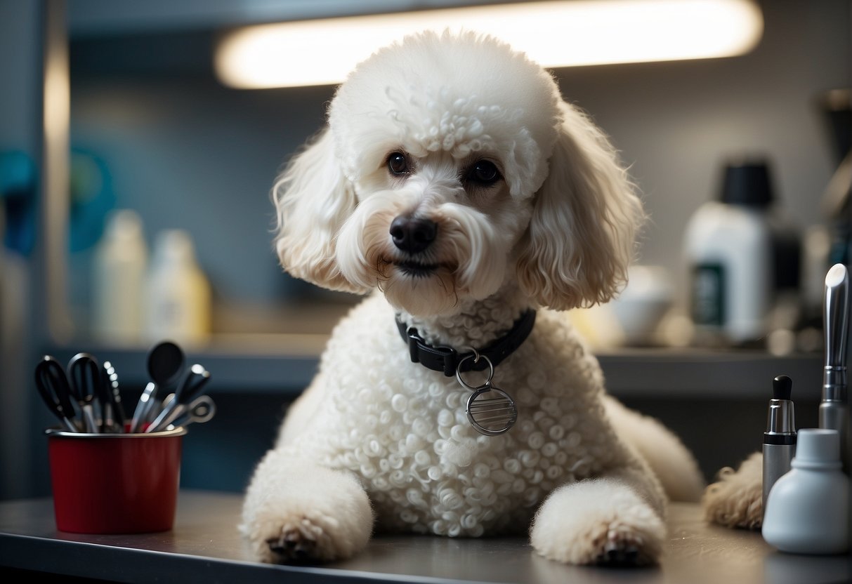 A fluffy white poodle with a curly coat, sitting on a grooming table with a brush and scissors nearby. A veterinarian is discussing care and health concerns with the owner