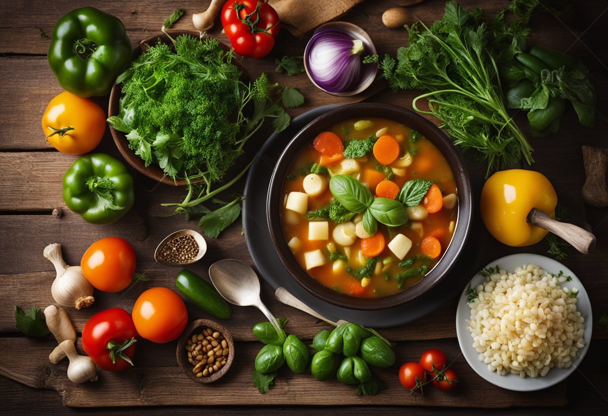 A steaming bowl of minestrone soup surrounded by fresh vegetables and herbs on a rustic wooden table