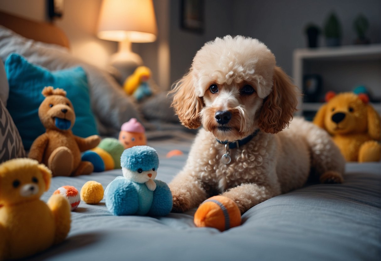 A poodle lying peacefully on a soft bed, surrounded by toys and water bowl, with a concerned owner looking on