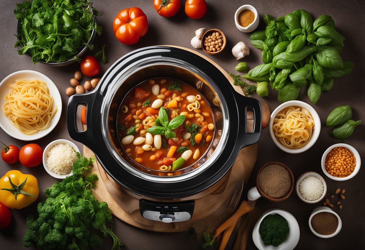 A slow cooker filled with colorful vegetables, beans, and pasta simmering in a savory tomato broth, surrounded by a variety of fresh herbs and spices