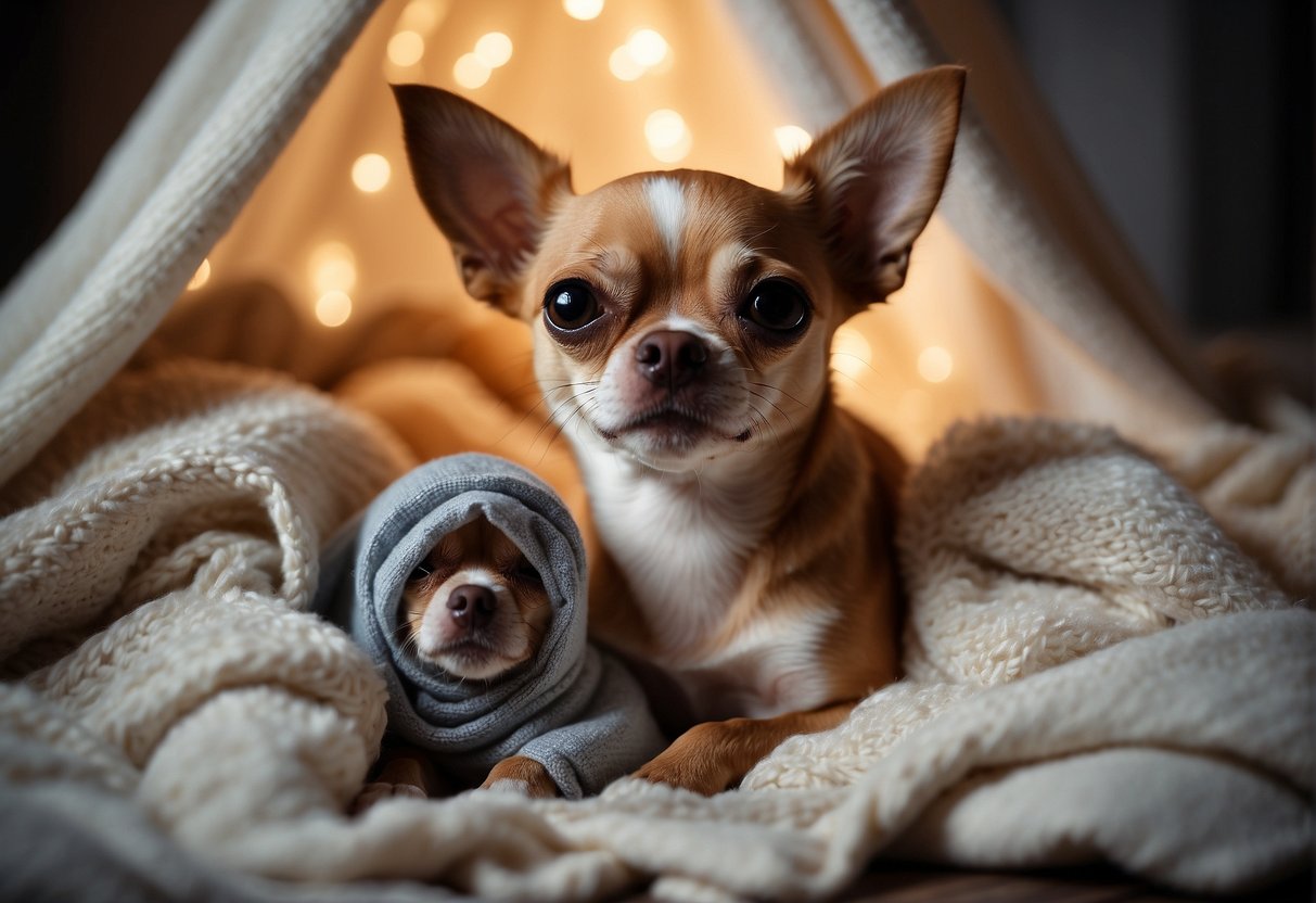A Chihuahua dog giving birth in a cozy, dimly lit nest, surrounded by soft blankets and pillows, with the mother dog tenderly caring for her newborn puppies