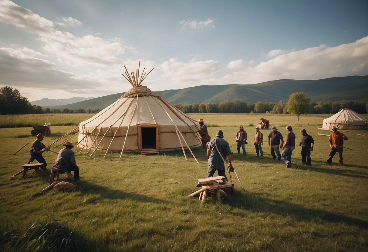 A group of workers construct a traditional yurt using wooden poles, felt, and rope in a wide open grassy field