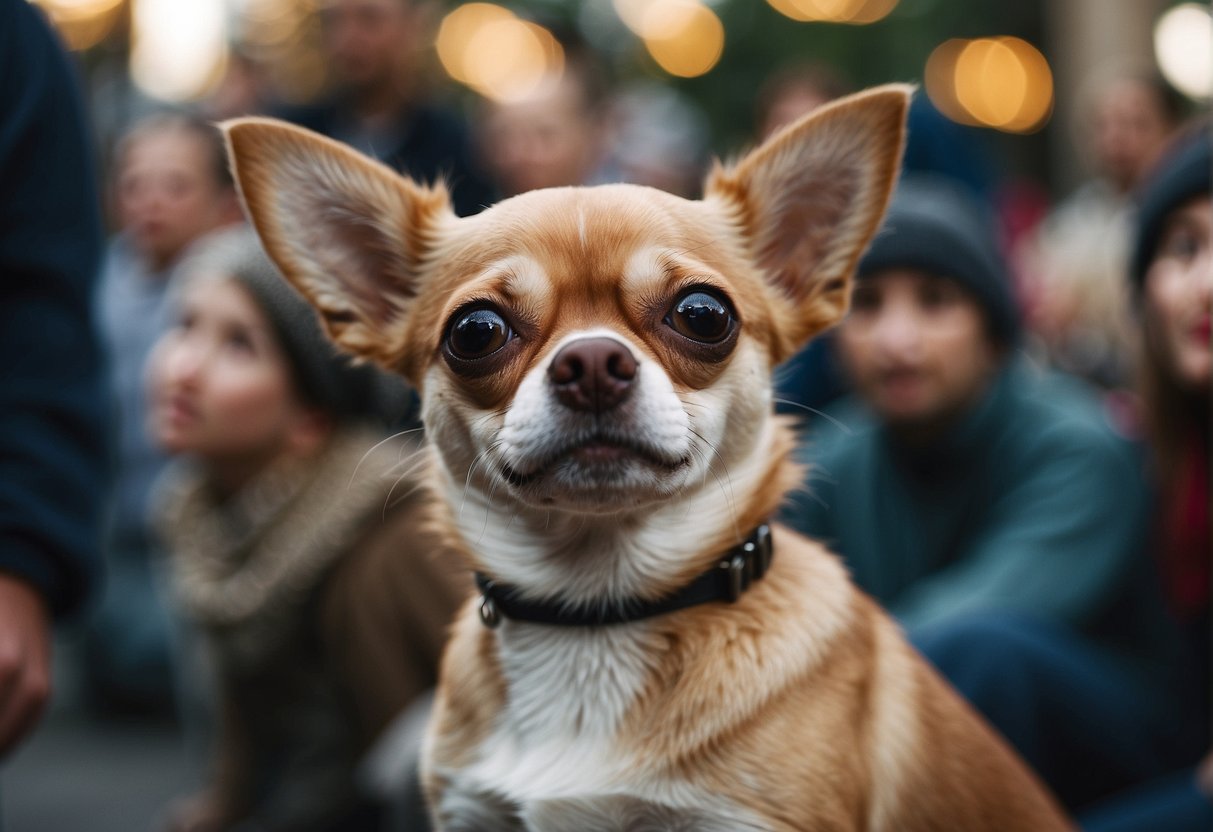 A Chihuahua dog sits patiently, looking up with alert eyes, surrounded by a crowd of curious onlookers