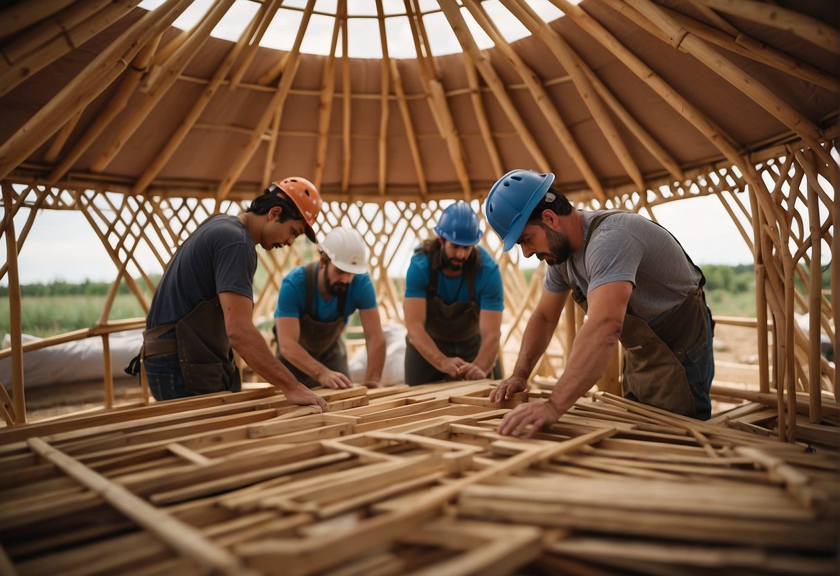 A group of workers assembling wooden lattice walls and rafters, while others stretch and secure fabric over the frame to create the walls and roof of a yurt