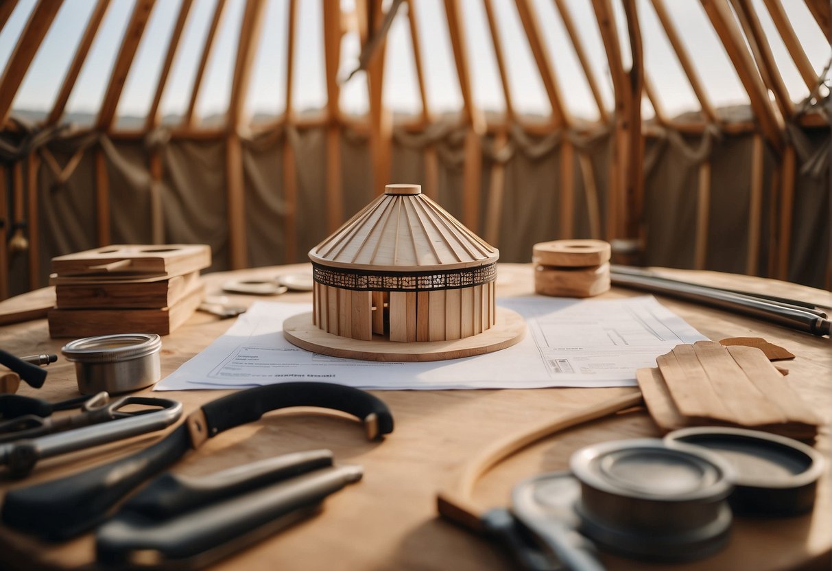 A yurt being constructed with materials and tools, alongside a cost analysis document detailing the expenses involved in the building process