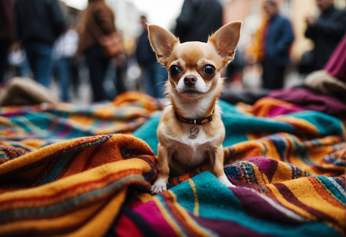 A Chihuahua dog sits on a colorful blanket in a bustling market, surrounded by curious onlookers. The vendor holds up the tiny pup, quoting its original price