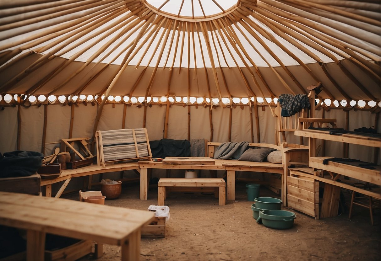 A yurt being constructed with materials laid out, tools in use, and a clear step-by-step process being followed