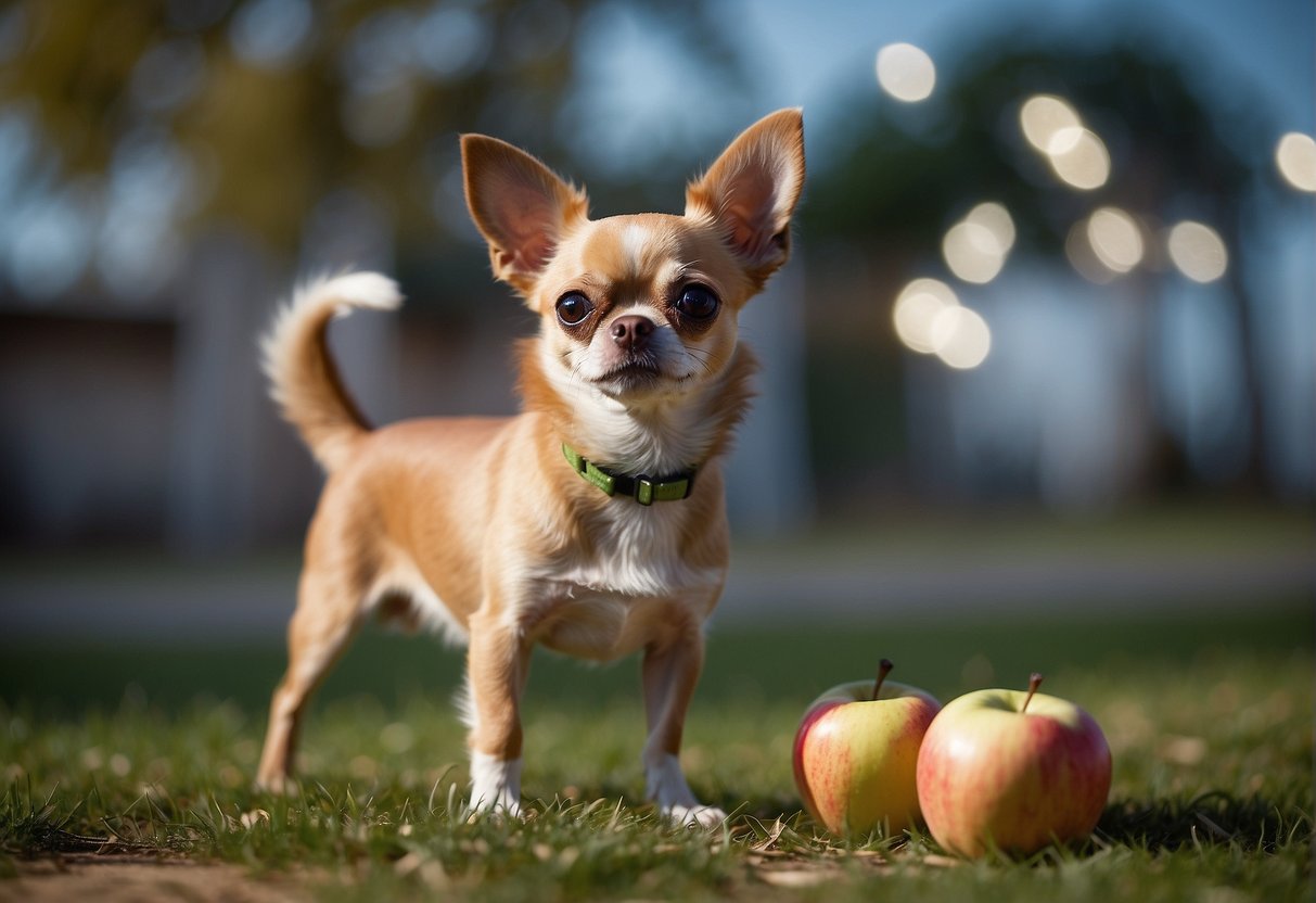 A small, alert Chihuahua stands on its hind legs, ears perked, with a smooth coat and a distinct apple-shaped head