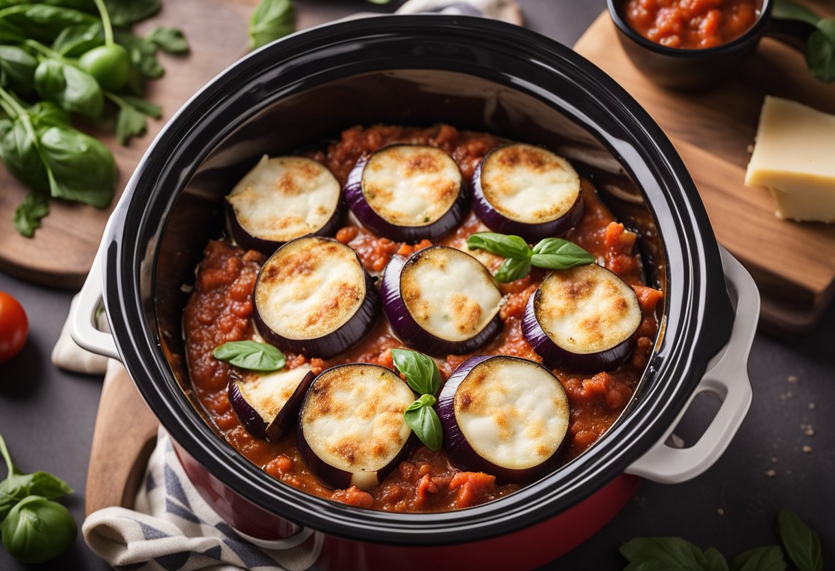 Eggplant slices layered with marinara, mozzarella, and parmesan in a slow cooker