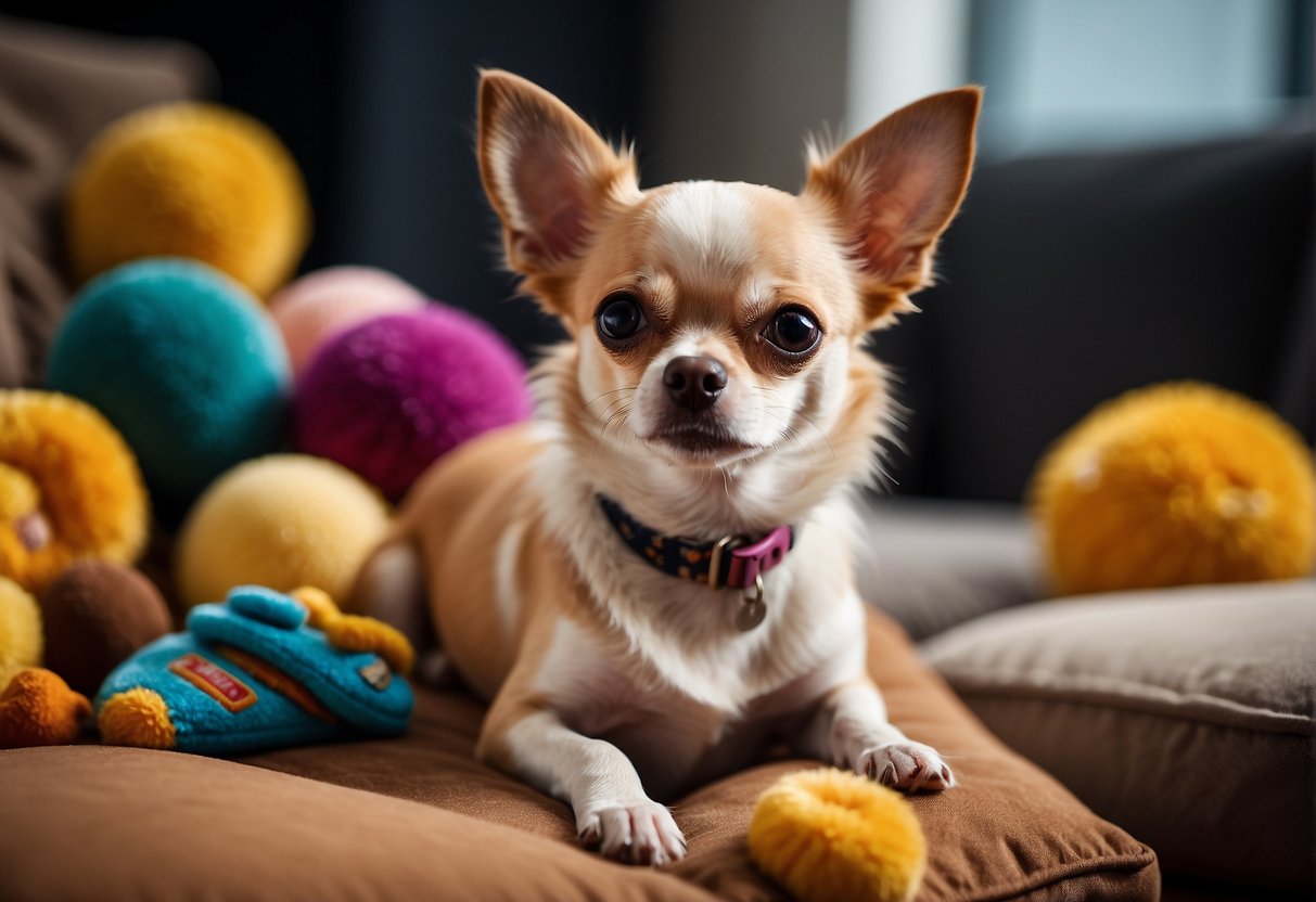 A chihuahua dog sitting on a cushion, surrounded by dog toys and a price tag